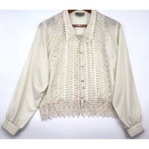 Vintage Fiji Sport Ivory Lace Blouse With Long Sleeves & Button Front Grannycore